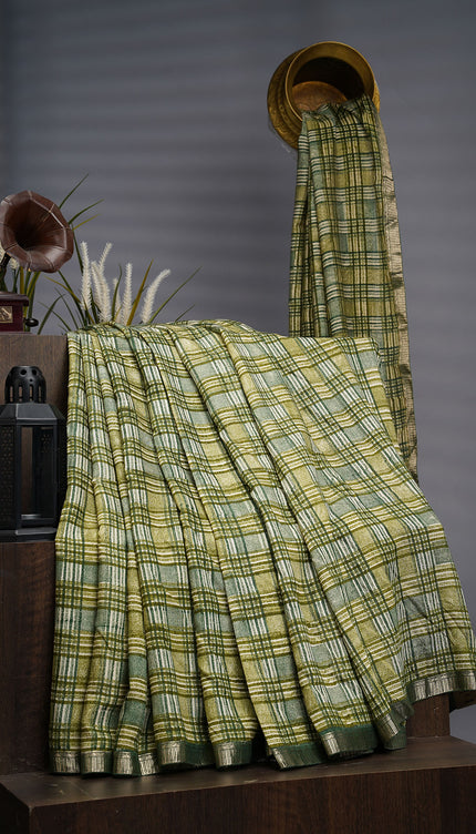 Muslin Silk Saree With Silver Zari Border - Green