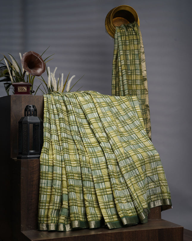 Muslin Silk Saree With Silver Zari Border - Green