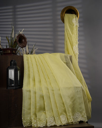 Tissue Linen Saree With Scallop Border With Pearl Work - P Green