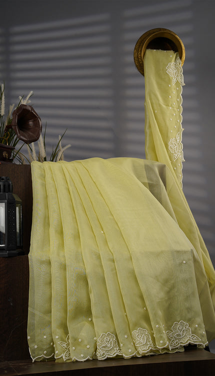 Tissue Linen Saree With Scallop Border With Pearl Work - P Green