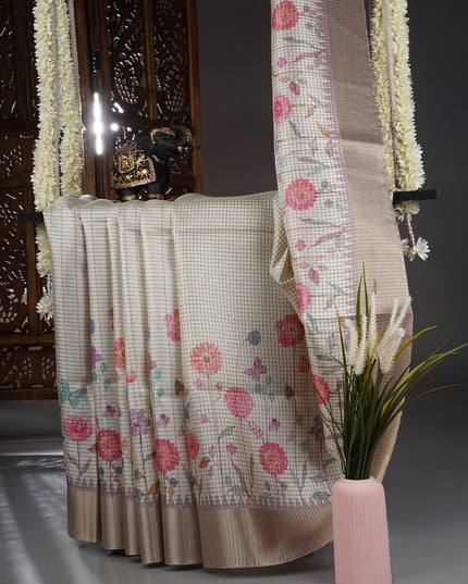 Tusser saree weaving checks floral print golden border - White Brown