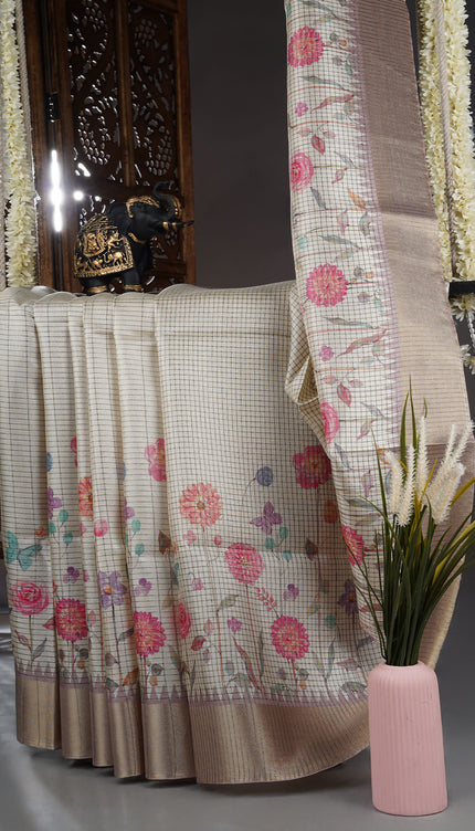 Tusser saree weaving checks floral print golden border - White Brown
