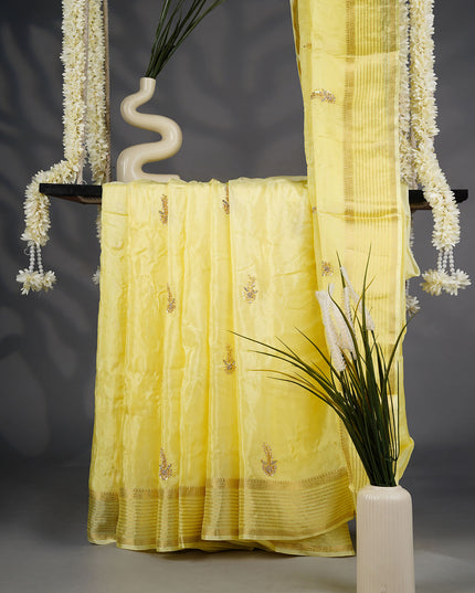 Russian Crepe Kardhana Sequence Work Butties Gold Stripes- Yellow