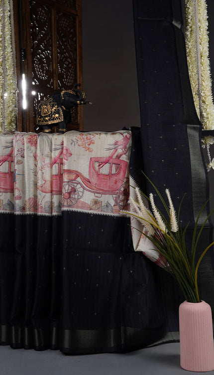 Tusser silk saree with digital print zari border - Black