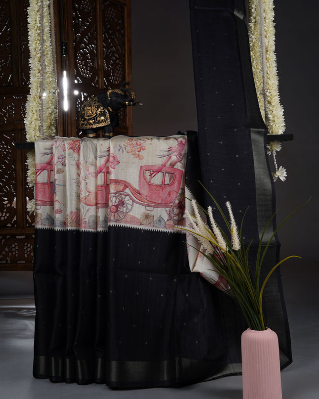 Tusser silk saree with digital print zari border - Black