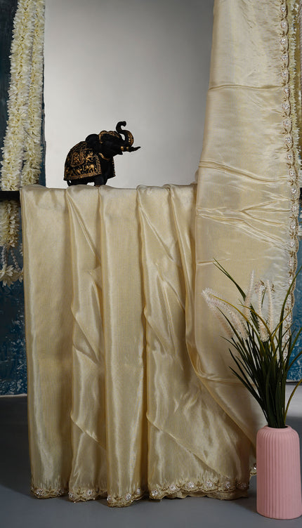 Tissue crepe saree with Embroidery butties and scallop border - Beige