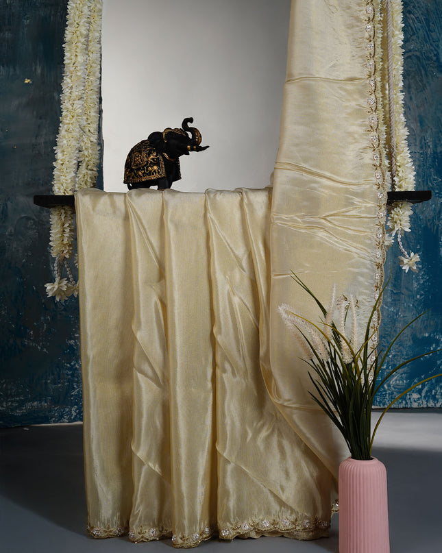 Tissue crepe saree with Embroidery butties and scallop border - Beige