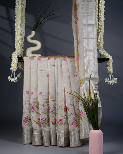 Mangalagiri Silk Saree with Thread Embroidery Butties and Silver Border- Beige