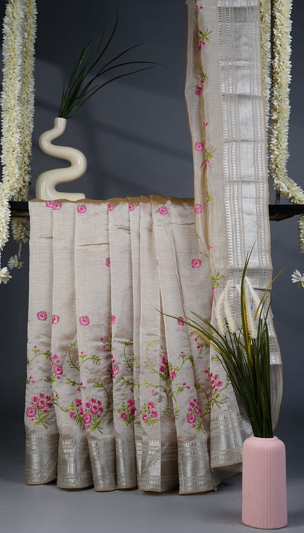 Mangalagiri Silk Saree with Thread Embroidery Butties and Silver Border- Beige