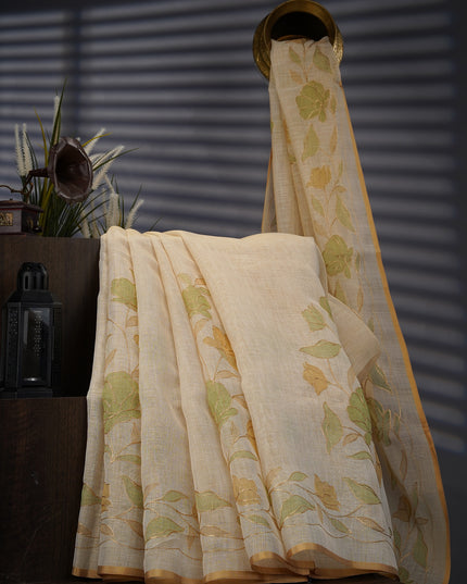 Tissue Lenin Saree with Floral Print and Ari Work- Beige and Green