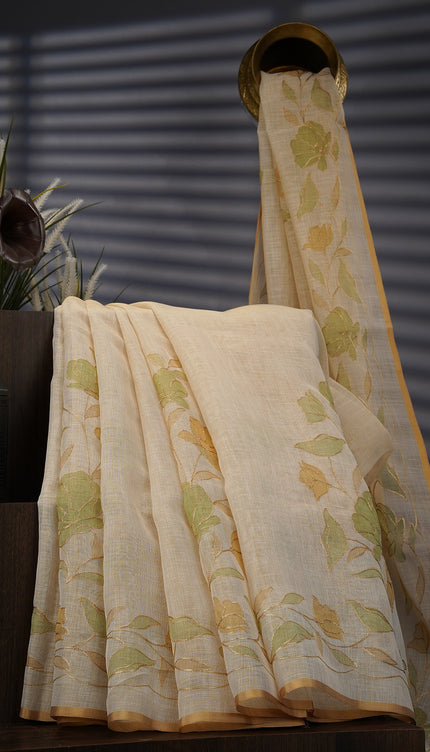 Tissue Lenin Saree with Floral Print and Ari Work- Beige and Green