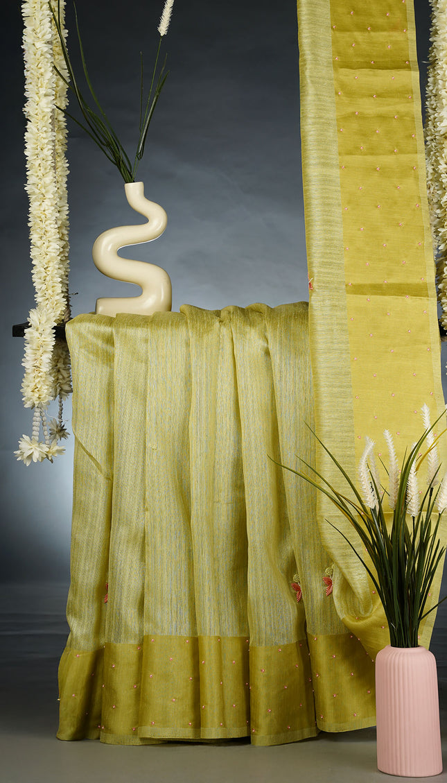 Jute Tusser Knot Work Butties with Satin Border- Pista Green