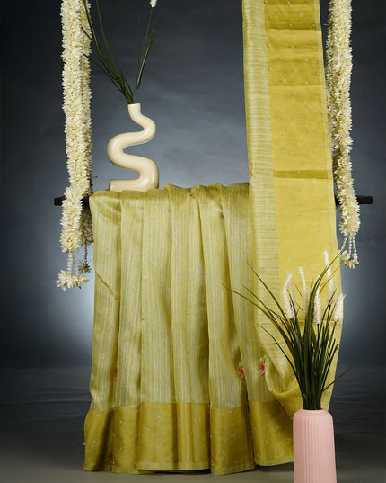 Jute Tusser Knot Work Butties with Satin Border- Pista Green