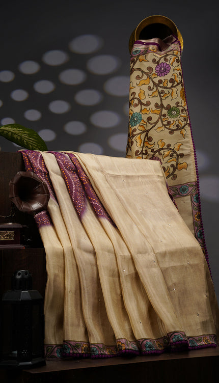 Crepe Tissue Saree With Kalamkari Pallu Mirror Work & Scallop Border - Beige