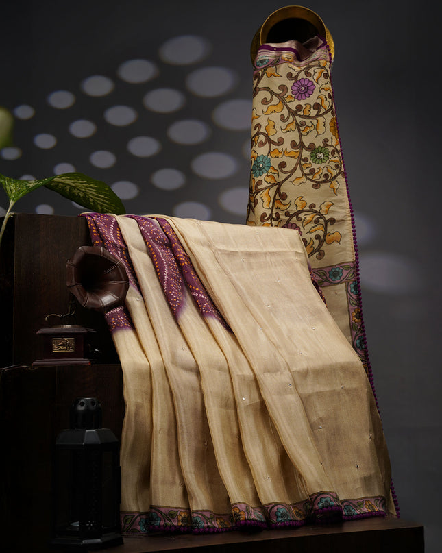 Crepe Tissue Saree With Kalamkari Pallu Mirror Work & Scallop Border - Beige