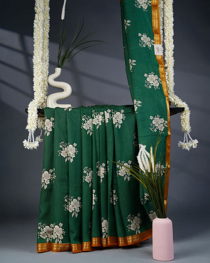Muslin Silk Saree with Floral Print Butties and Contrast Border- Green