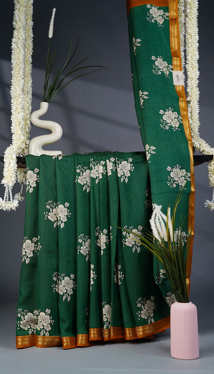 Muslin Silk Saree with Floral Print Butties and Contrast Border- Green