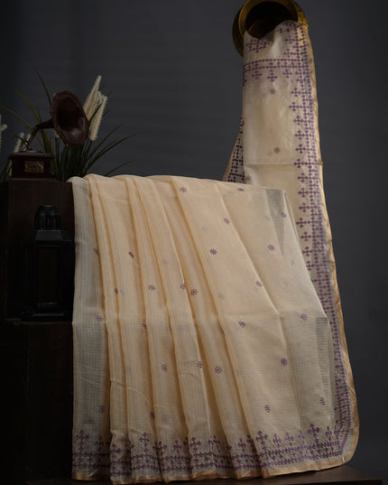 Kota Silk Saree With Thread Embroidery & Butties - Cream with Lavender