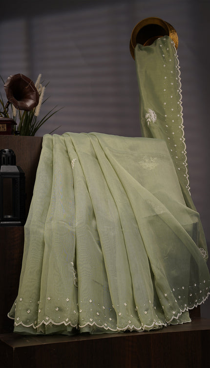 Tissue Linen Lace Border Embroidery Buttis - Sage Green