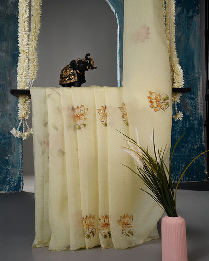 Crush tissue saree with hand painting butties and scallop border Kardana & Sequence Work- Yellow