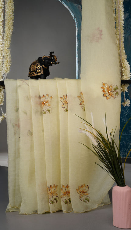 Crush tissue saree with hand painting butties and scallop border Kardana & Sequence Work- Yellow