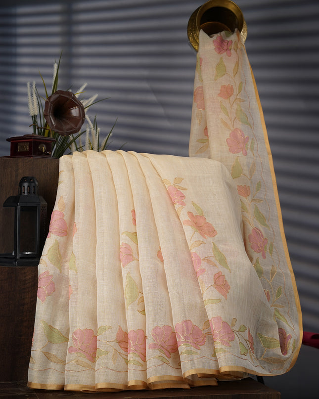 Tissue Linen Saree With Floral Print And Ari Work - Beige & Pink