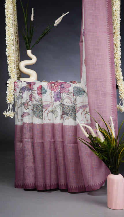 Lenin Silk Saree with Floral Print and Contrast Border- Light Pink