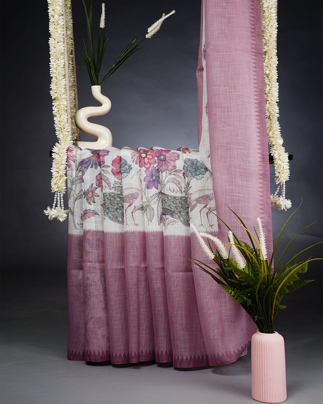 Lenin Silk Saree with Floral Print and Contrast Border- Light Pink