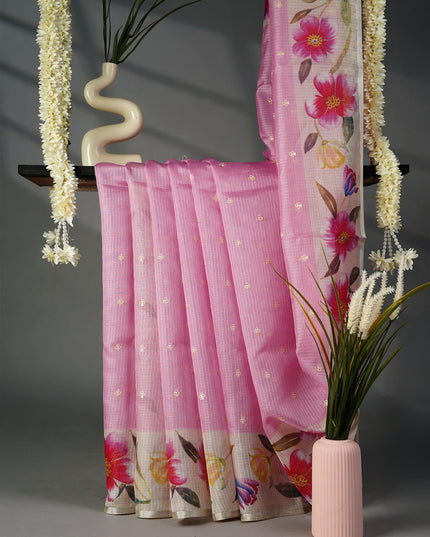 Kota Silk Saree with Thread Work Butties and Floral Border- Pink