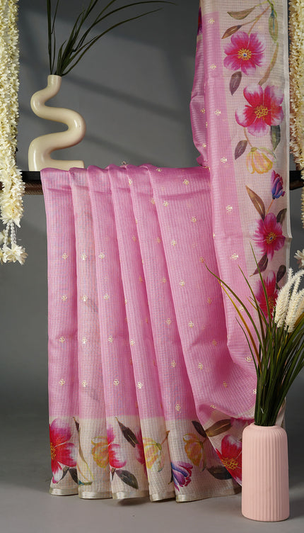 Kota Silk Saree with Thread Work Butties and Floral Border- Pink
