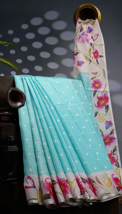 Kota Silk Saree With Thread Work Butties Floral Border - SKY BLUE