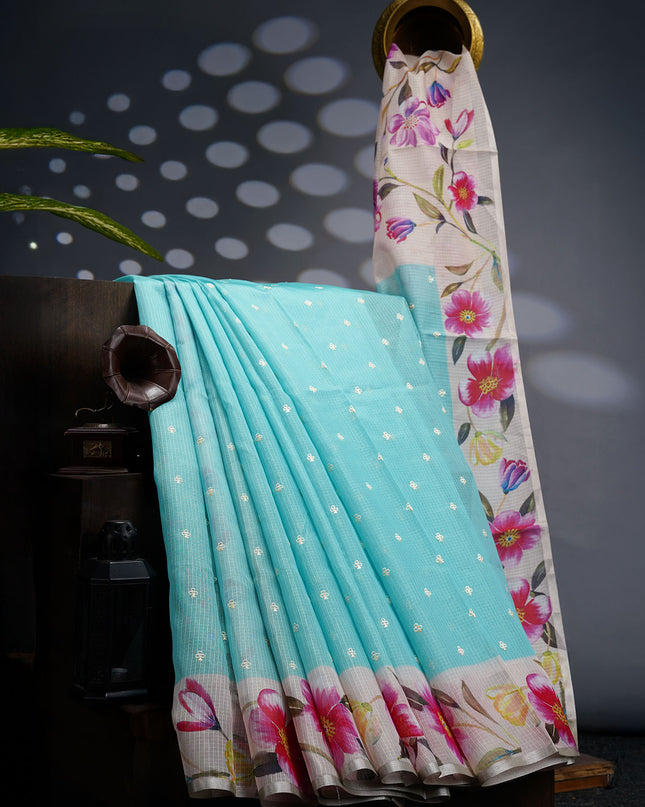 Kota Silk Saree With Thread Work Butties Floral Border - SKY BLUE