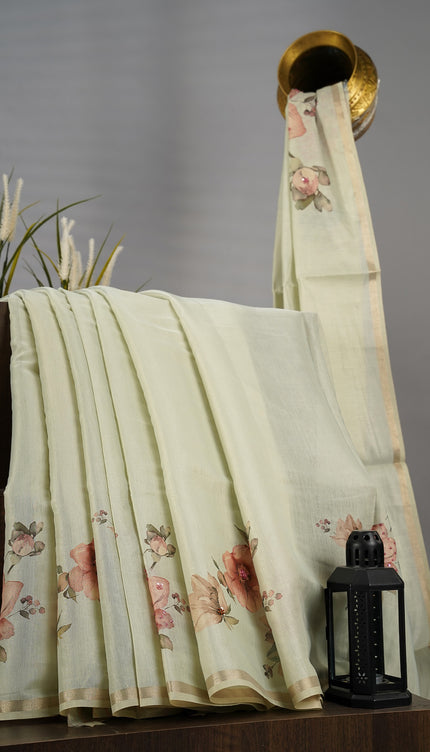 Semi Tusser Digital Print Sequence Pearl & Knot Hand Work - Pista Green