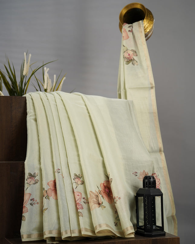 Semi Tusser Digital Print Sequence Pearl & Knot Hand Work - Pista Green