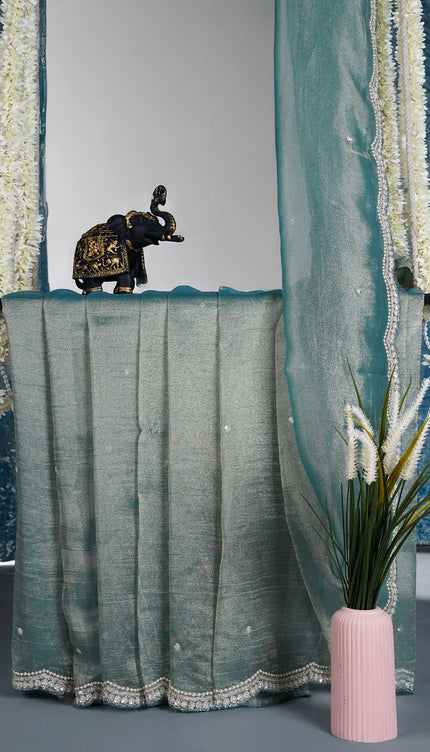 Soft tissue organza saree with sequence butties and scallop border - Muted Blue