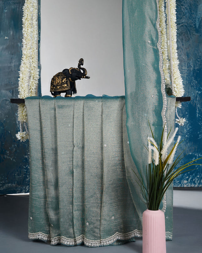 Soft tissue organza saree with sequence butties and scallop border - Muted Blue