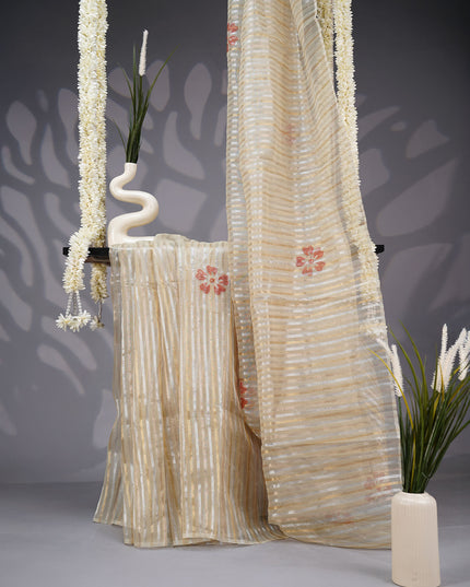 Soft Organza Saree with Gold and Silver lines and Embroidery Thread Work- Pista Green