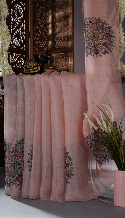 Tissue linen saree with floral Butties And Dori work With scallop border - Peach