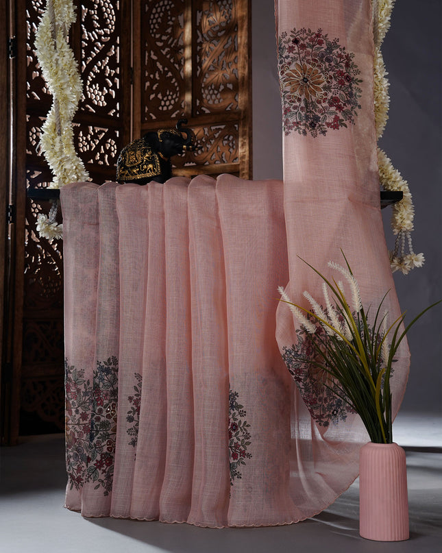 Tissue linen saree with floral Butties And Dori work With scallop border - Peach