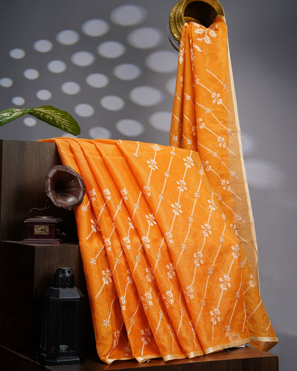 Silk Kota Saree With Allover Thread Embroidery Work With Gold Border -  Mustered