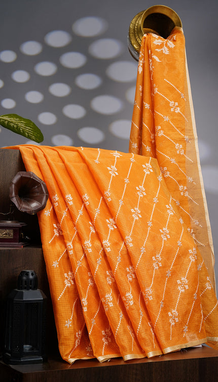 Silk Kota Saree With Allover Thread Embroidery Work With Gold Border -  Mustered