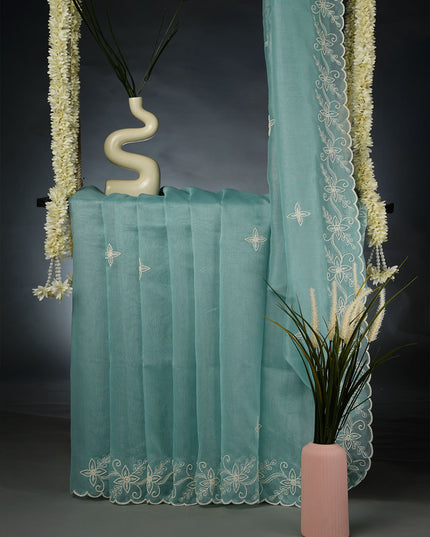 Organza Saree with Embroidery Butties and Border- Mint Blue
