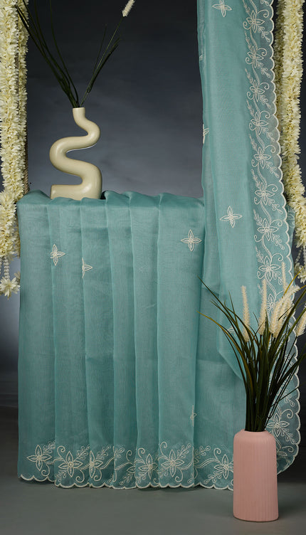Organza Saree with Embroidery Butties and Border- Mint Blue