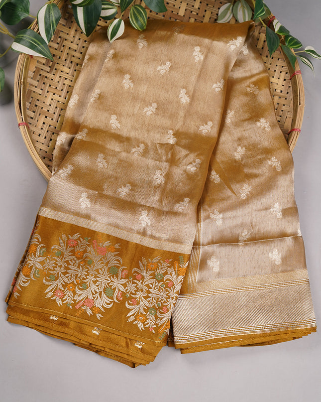 Munga Tissue Silk with Satin border & Meena Kari Weaving Buties and Border