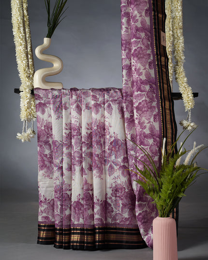 Managalagiri Silk Saree with floral Print and Contrast Border- Lavender