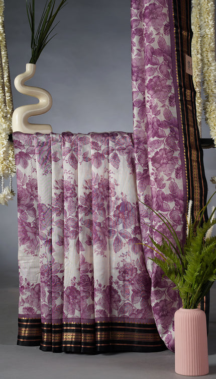 Managalagiri Silk Saree with floral Print and Contrast Border- Lavender
