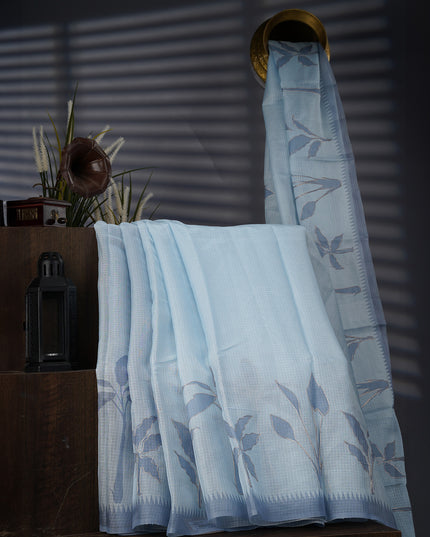 Silk Kota Saree With Ari Work Border - Light Blue