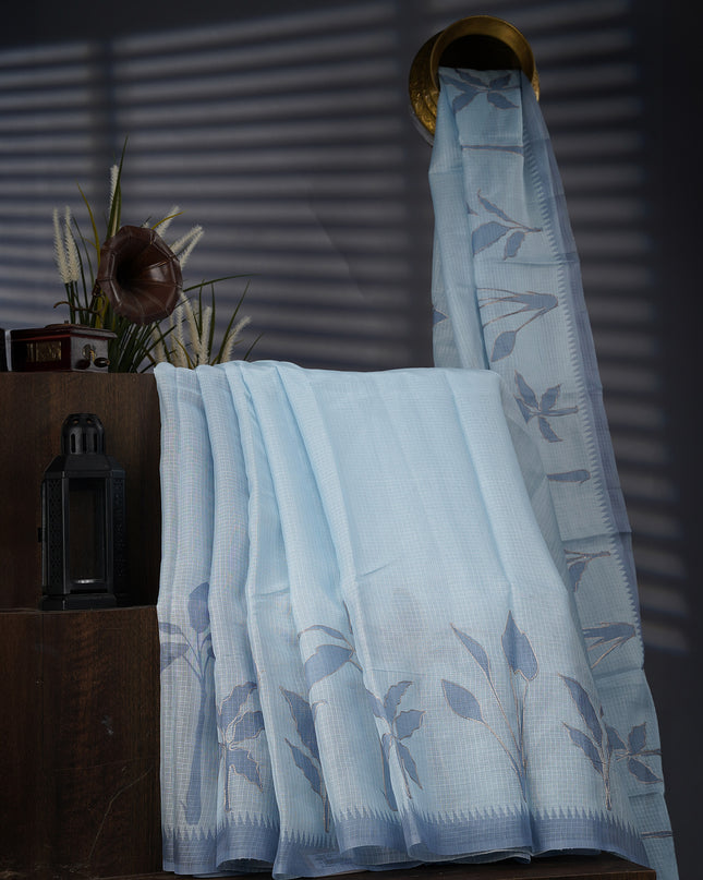 Silk Kota Saree With Ari Work Border - Light Blue