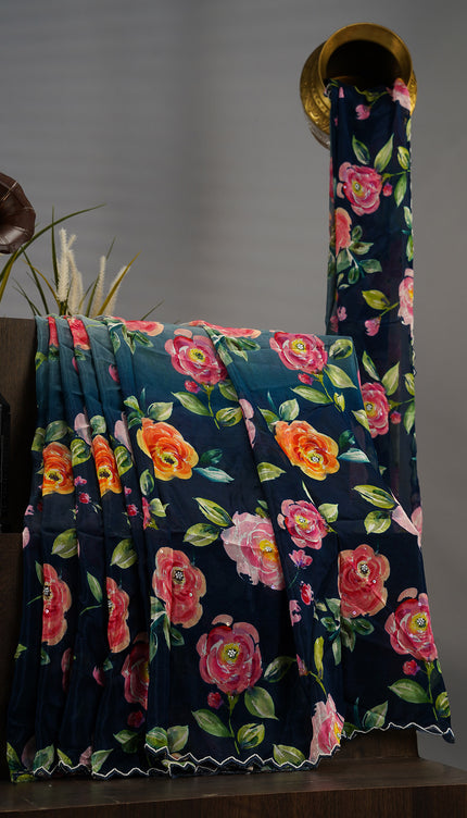 Russian Crape Allover Floral Print Scallop Border With Pearl Work - Navy Blue