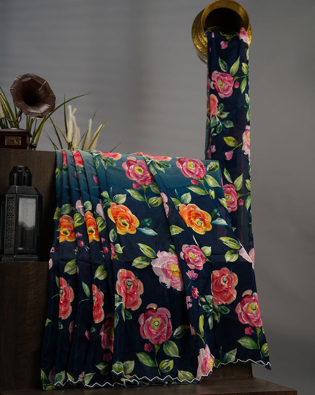 Russian Crape Allover Floral Print Scallop Border With Pearl Work - Navy Blue